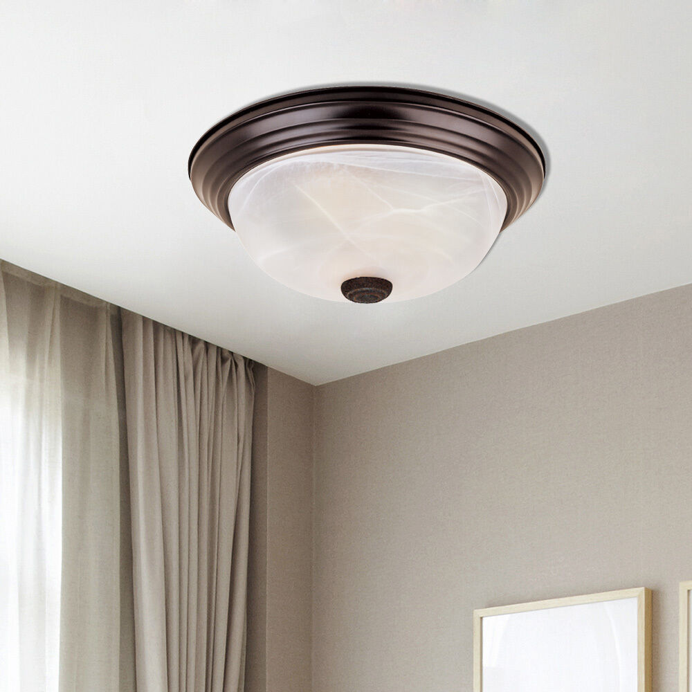 Decorative 3 Light 15 inch Oil Rubbed Bronze Flushmount Ceiling Light in White Alabaster, Large
